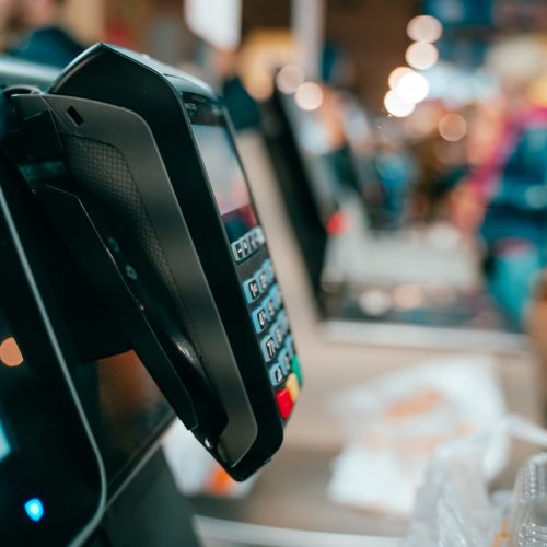 Pos terminal in the shop. Ready for work, Close view